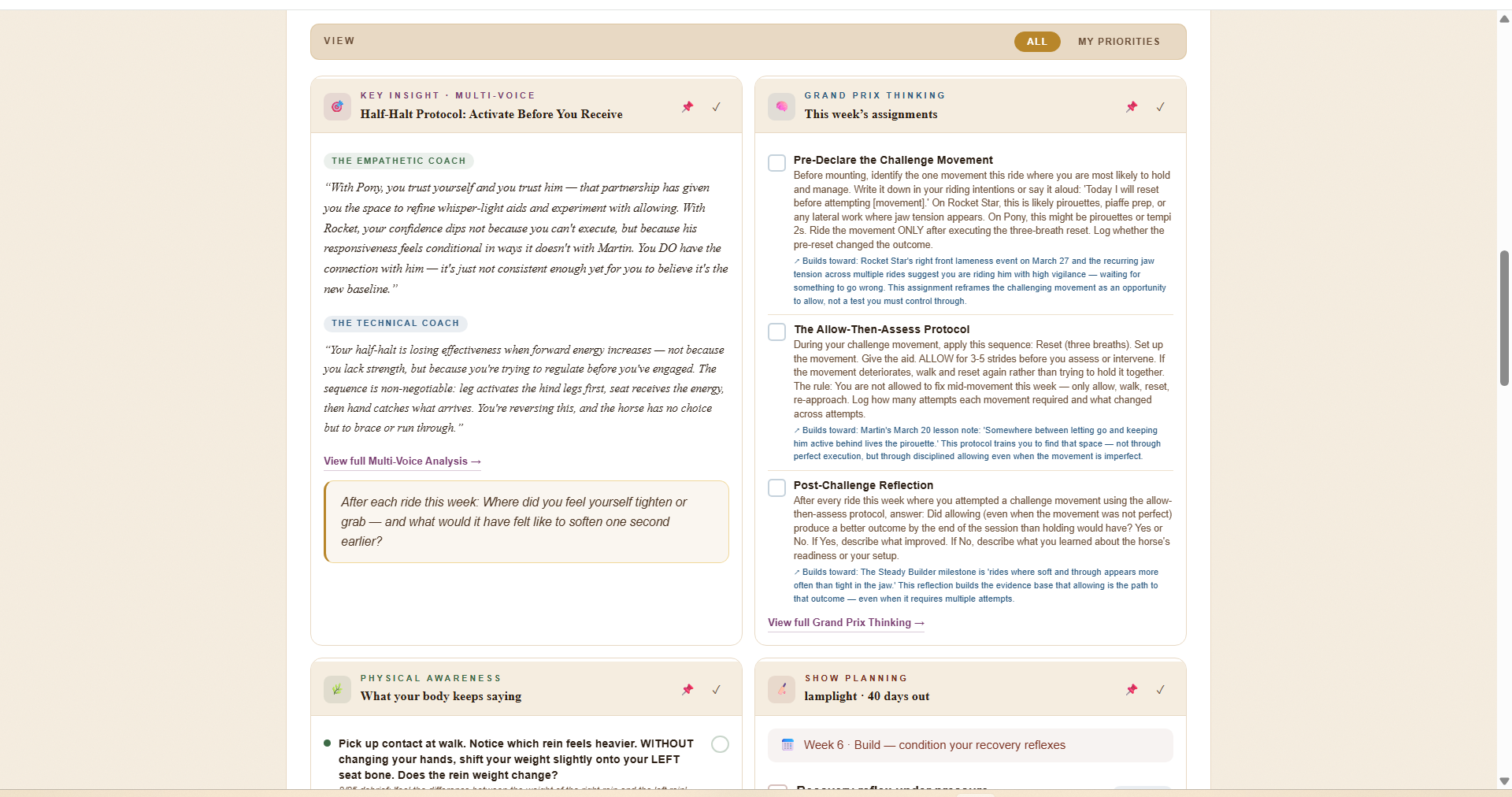 YDJ Weekly Focus showing four cards: Key Insight from Multi-Voice coaching, Grand Prix Thinking assignments, Physical Awareness guidance, and Show Planning countdown