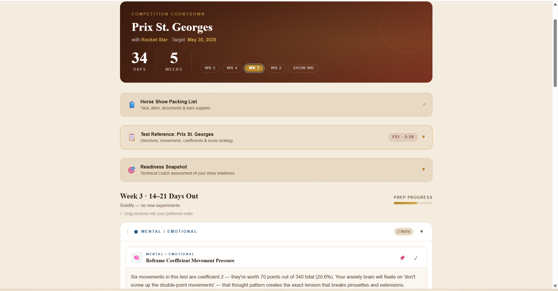 YDJ Show Planner showing Prix St. Georges competition countdown at 49 days out, with Horse Show Packing List, Test Reference, Readiness Snapshot, and Week 7 preparation tasks